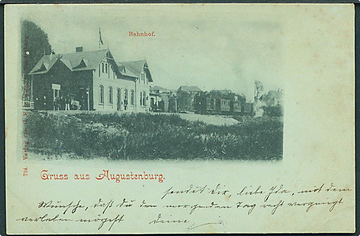 Augustenborg, jernbanestation med damptog. C. F. la Motte no. 734. Kvalitet 7