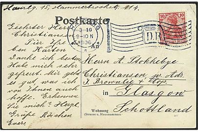 10 pfg. Germania på brevkort annulleret med flag-maskinstempel Hamburg D.R. d. 3.10.1906 til Glasgow, Scotland.