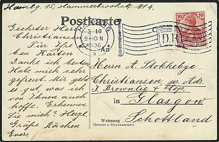10 pfg. Germania på brevkort annulleret med flag-maskinstempel Hamburg D.R. d. 3.10.1906 til Glasgow, Scotland.