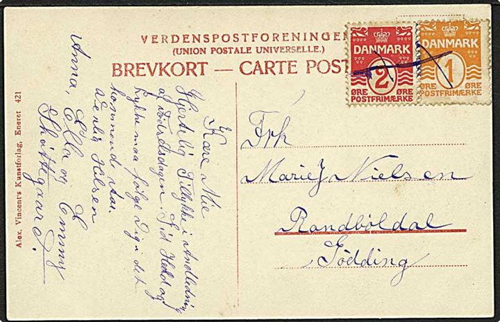 1 øre og 2 øre Bølgelinie annulleret med blækkryds på lokalt brevkort fra Skøttegaard til Randbøldal pr. Gødding.