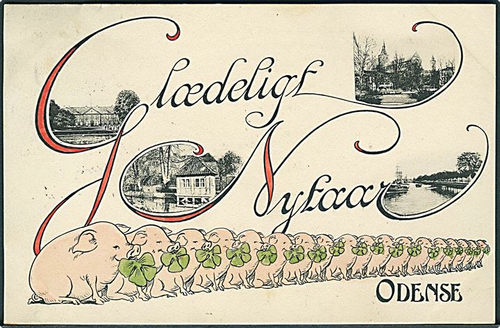 Odense, “Glædeligt Nytaar” med grise og partier fra Odense. Tegnet af Carl Røgind. Stenders no. 7636, Kvalitet 8