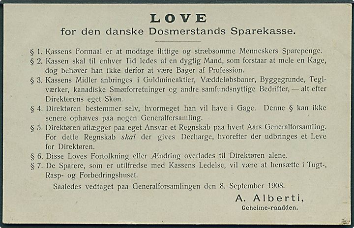Alberti-sagen. Love for den danske Dosmerstands Sparekasse. 12. oplag. Løvendahl no. 63. Kvalitet 8