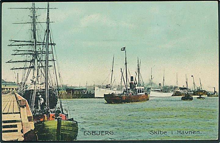 Esbjerg, havneparti med dampskibe. Stenders no. 6147. Kvalitet 7