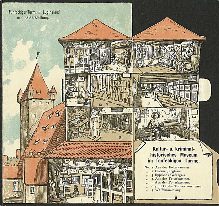 Foldud kort fra Fünfeckiger Turm i Nürnberg, Tyskland. E. Nister u/no.