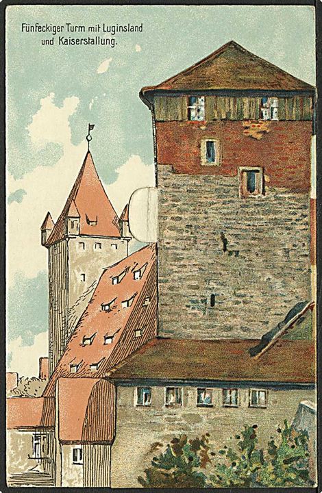 Foldud kort fra Fünfeckiger Turm i Nürnberg, Tyskland. E. Nister u/no.