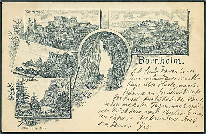 Bornholm, med prospekter fra Hammershus, Den våde Ovn, Ekkodalen og Rø. Colberg u/no. Kvalitet 7