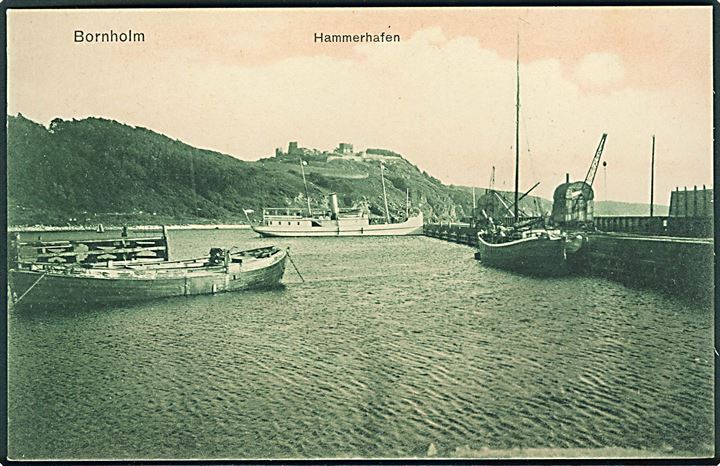 Hammerhavn, med dampskib og Hammershus. J. Goldiner u/no. Kvalitet 9