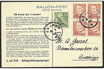20 øre Fr. IX i fireblok og svensk 10 öre Gustaf på ballonpost brevkort opsendt fra Bellahøj og afstemplet Skurup i Sverige d. 4.7.1948 til Buddinge.