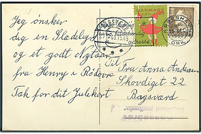 25 øre Fr. IX og Julemærke 1963 på julekort fra København d. 25.12.1963 til Bagsværd. Violet stempel: Kassebrev Bagsværd postkontor.