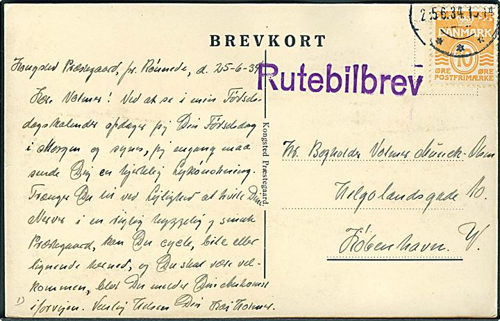 10 øre Bølgelinie på brevkort fra Rønnede med yderligt placeret stempel d. 25.6.1934 og sidestemplet Rutebilbrev til København.