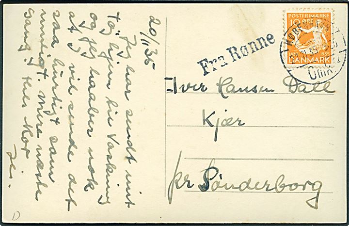 10 øre H.C.Andersen på brevkort fra Rønne annulleret København d. 21.11.1935 og sidestemplet Fra Rønne til Kjær pr. Sønderborg.