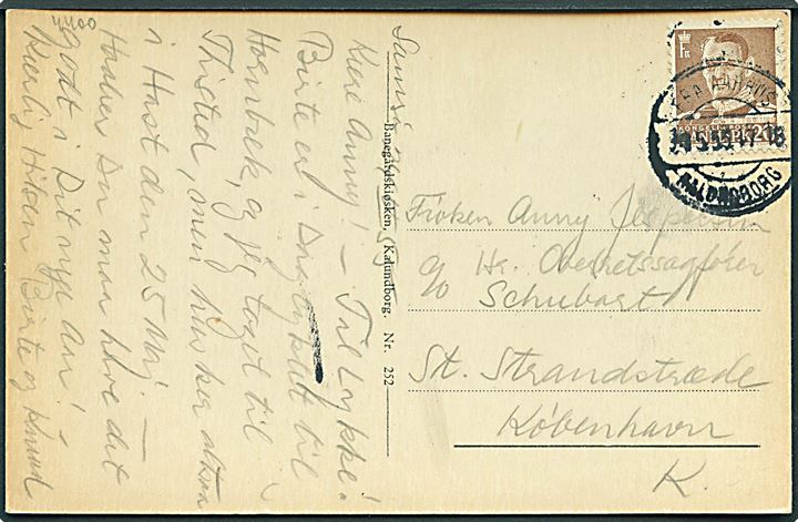 20 øre Fr. IX på brevkort dateret Samsø annulleret med brotype IIc skibsstempel Fra Aarhus Kalundborg d. 24.5.1955 til København.