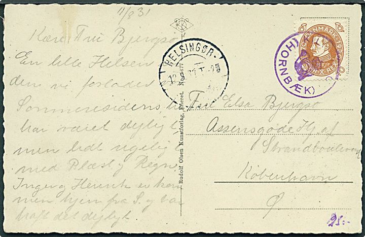 10 øre Chr. X 60 år på brevkort annulleret med posthornstempel KILDEKROG (HORNBÆK) og sidestemplet Helsingør - Gilleleje T.2 d. 12.8.1931 til København.