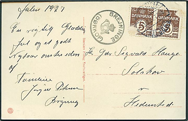 5 øre Bølgelinie (2 - begge defekte) på brevkort annulleret med bureaustempel Fredericia - Aalborg T.965 d. 23.12.1927 og sidestemplet med posthornstempel BREJNINGE (BØRKOP). Skilling 850,-