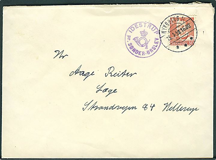30 øre Fr. IX på brev stemplet Nykøbing Fl. d. 15.1.1958 og sidestemplet med posthornstempel IDESTRUP pr. SØNDER-ØRSLEV til Hellerup.