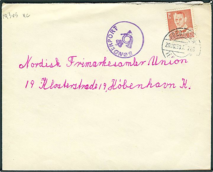 30 øre Fr. IX på brev annulleret med bureaustempel Fredericia - Vejle - Struer T.728 d. 20.10.1959 og sidestemplet med posthornstempel SØNDERPORT til København.