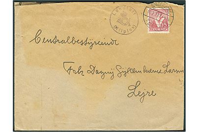 15 øre Tavsen på brev annulleret med bureaustempel Sønderborg - Tønder .. T.418 d. 18.2.1937 og sidestemplet med posthornstempel Lundtoft (Kliplev) til Lejre. Kuvert urent klippet i toppen.