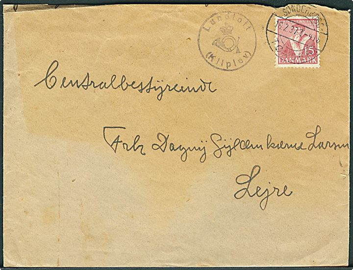 15 øre Tavsen på brev annulleret med bureaustempel Sønderborg - Tønder .. T.418 d. 18.2.1937 og sidestemplet med posthornstempel Lundtoft (Kliplev) til Lejre. Kuvert urent klippet i toppen.