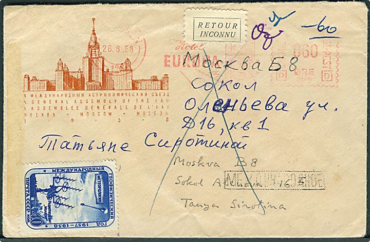 60 øre firmafranko fra Hotel Europa på brev fra København d. 26.8.1959 til Moskva, USSR. Retur med 2-sproget etiket.