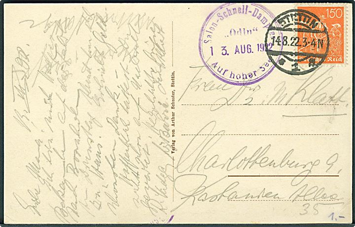 150 pfg. Infla udg. på brevkort (Hammershus på Bornholm) stemplet Stettin d. 14.8.1922 og sidestemplet Salon-Schnell-Dampfer Odin Auf hoher See d. 13.8.1922 til Charlottenburg.