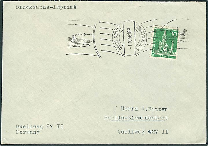 10 pfg. Berlin udg. på tryksag annulleret med håndrulle skibsstempel Dansk Søpost Gedser-Grossenbrode d. 1.10.1956 til Berlin, Tyskland.