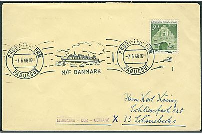 30 pfg. Berlin udg. på brve annulleret med håndrulle skibsstempel Rødby - Fehmern Paquebot / M/F Danmark d. 7.6.1968 til Schönebeck, Tyskland.