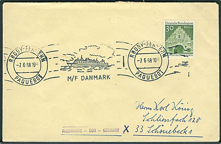 30 pfg. Berlin udg. på brve annulleret med håndrulle skibsstempel Rødby - Fehmern Paquebot / M/F Danmark d. 7.6.1968 til Schönebeck, Tyskland.