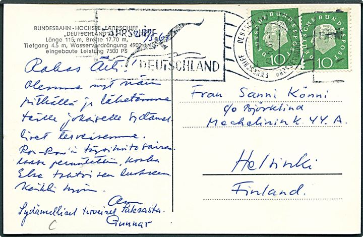 10 pfg. (2) på brevkort (Færgen Deutschland) annulleret med håndrulle skibsstempel Fährschiff Deutschland Grossenbrode - Gedser d. 29.5.1961 til Helsinki, Finland.