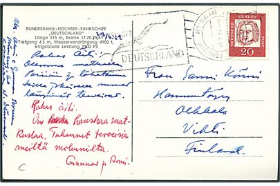 20 pfg. på brevkort (Færgen Deutschland) annulleret med håndrulle skibsstempel Fährschiff Deutschland Grossenbrode - Gedser d. 30.7.1962 til Vihti, Tyskland.