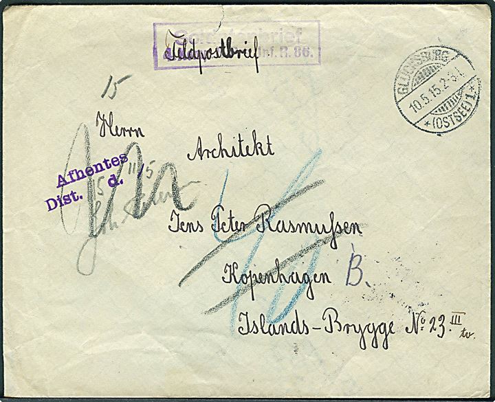 Ufrankeret feltpostbrev fra Glücksburg *(Ostsee)1* d. 10.5.1915 til København, Danmark. Fejlagtigt udtakseret i 40 øre porto. 