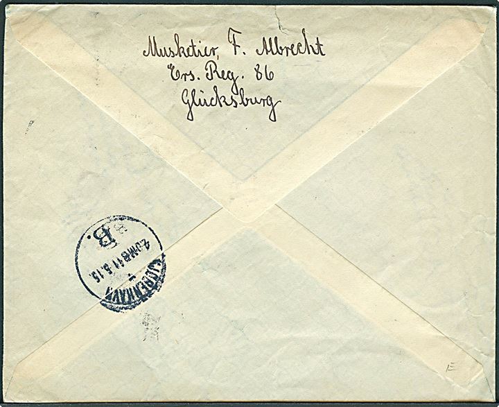 Ufrankeret feltpostbrev fra Glücksburg *(Ostsee)1* d. 10.5.1915 til København, Danmark. Fejlagtigt udtakseret i 40 øre porto. 