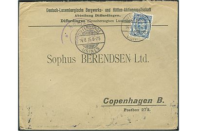 25 c. med perfin D.L. på firmakuvert fra Deutsch-Luxemburgische Bergwerk- und Mütten-Aktiegesellschaft i Differdingen d. 14.8.1915 til København, Danmark. Tysk censur fra Trier.