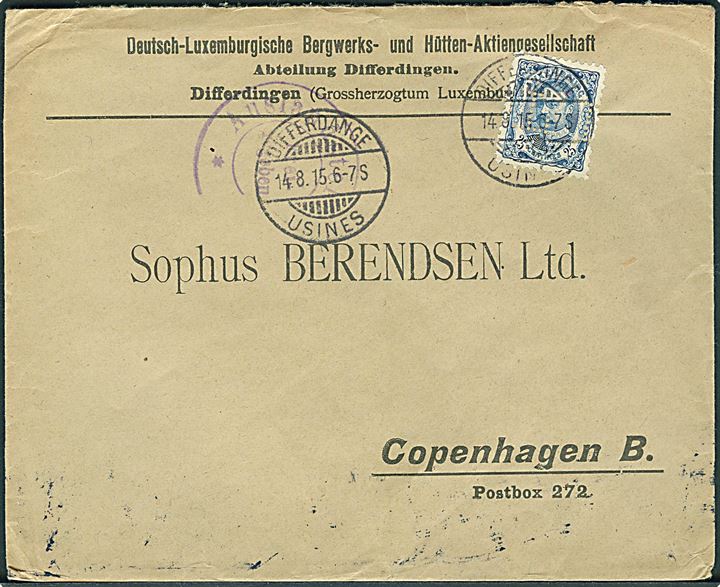 25 c. med perfin D.L. på firmakuvert fra Deutsch-Luxemburgische Bergwerk- und Mütten-Aktiegesellschaft i Differdingen d. 14.8.1915 til København, Danmark. Tysk censur fra Trier.