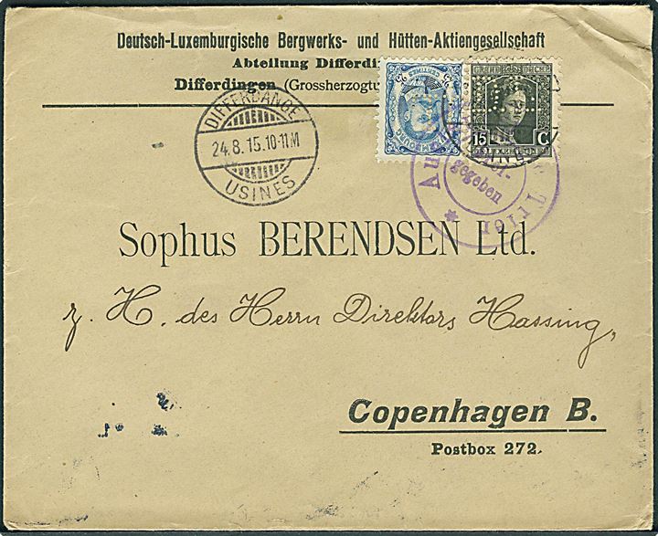 15 c. og 25 c. med perfin D.L. på firmakuvert fra Deutsch-Luxemburgische Bergwerk- und Mütten-Aktiegesellschaft i Differdingen d. 28.8.1915 til København, Danmark. Tysk censur fra Trier.