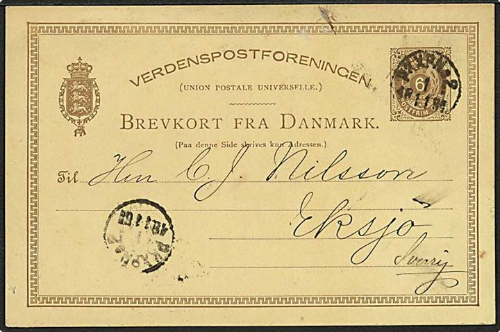 6 øre helsagsbrevkort fra København og annulleret med svensk bureaustempel PKXP No.2 d. 1.11.1881 til Ekjsö, Sverige
