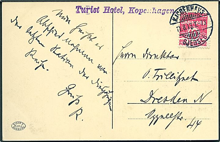 10 øre Bølgelinie på brevkort annulleret med bureaustempel Kjøbenhavn - Gjedser T.73 d. 11.8.1913 til Dresden, Tyskland.