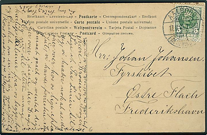 5 øre Fr. VIII på brevkort annulleret med bureaustempel Aalborg - Frederikshavn T.917 d. 17.12.1908 til Fyrskibet Østre Flak pr. Frederikshavn.