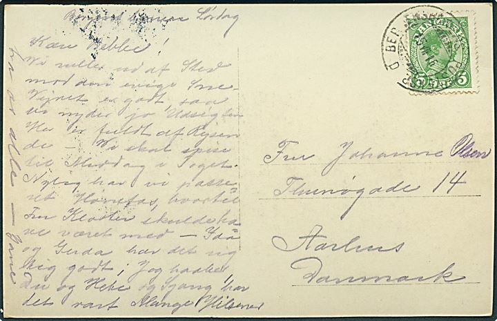 5 øre Chr. X på brevkort (Kristiania, Holmenkollens Sanatorium) annulleret med norsk bureaustempel Bergenbanens Posteksp. D. d. 15.7.1916 til Aarhus, Danmark.
