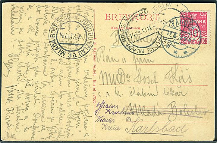 10 øre Bølgelinie på brevkort annulleret med brotype IIa Fanøbad d. 17.8.1913 Mlada Boleslav, Østrig - eftersendt til Karlsbad. 