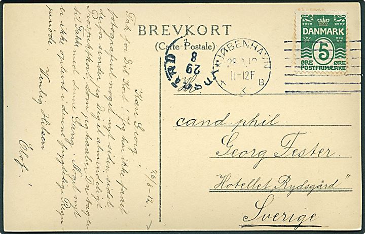 5 øre Bølgelinie på brevkort annulleret med forsøgs-maskinstempel Kjøbenhavn KKB d. 28.8.1912 til Rydsgård, Sverige.