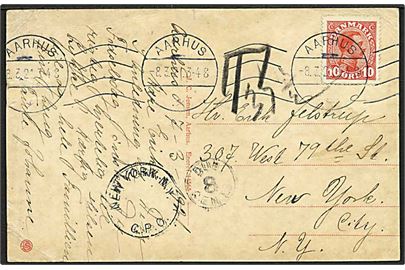 10 øre Chr. X single på underfrankeret brevkort fra Aarhus d. 8.3.1921 til New York, USA. Udtakseret i 37½ ctm porto omregnet til 8 cents amerikansk porto.