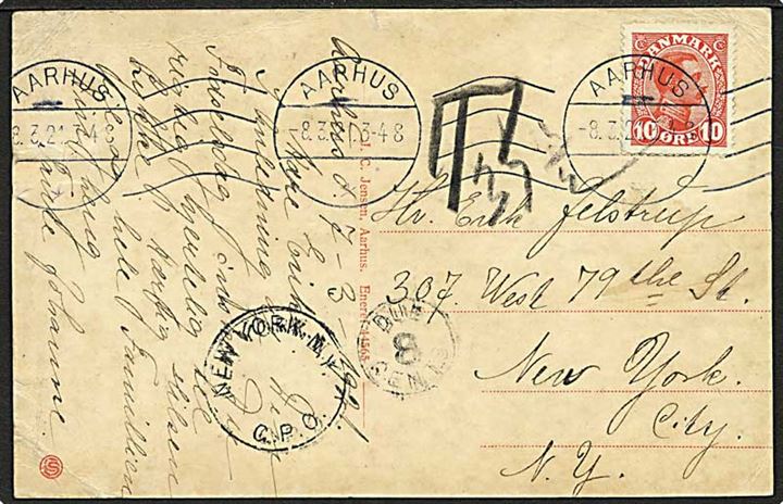 10 øre Chr. X single på underfrankeret brevkort fra Aarhus d. 8.3.1921 til New York, USA. Udtakseret i 37½ ctm porto omregnet til 8 cents amerikansk porto.