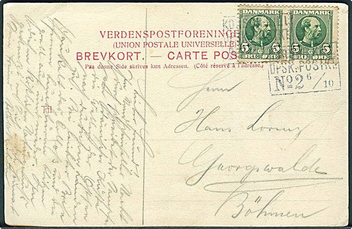 5 øre Chr. IX i parstykke på brevkort (Postdamperen Freia) annulleret med skibsstempel Korsør-Kiel DPSK:POSTKT. No. 2 d. 6.10.1906 til Böhmen, Østrig.