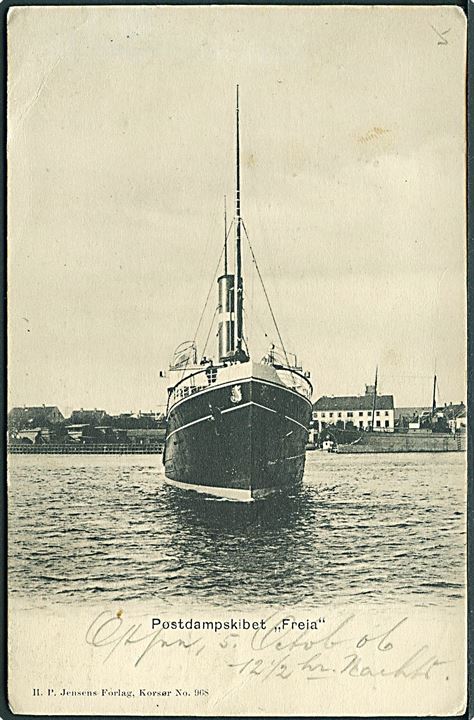 5 øre Chr. IX i parstykke på brevkort (Postdamperen Freia) annulleret med skibsstempel Korsør-Kiel DPSK:POSTKT. No. 2 d. 6.10.1906 til Böhmen, Østrig.