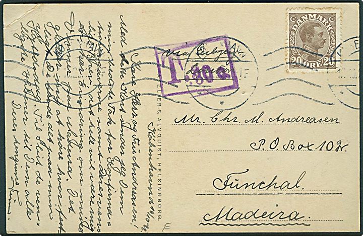 20 øre Chr. X på underfrankeret brevkort fra København d. 17.10.1922 til Funchal, Madeira. Violet portostempel T.30c.. Påskrevet via Esbjerg.