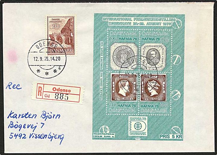 10 øre Fredning og Hafnia blok I på anbefalet brev fra Odense d. 12.9.1975 til Vissenbjerg.