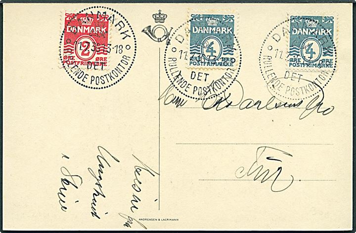 2 øre og 4 øre (2) Bølgelinie på brevkort annulleret med særstempel Danmark * Det rullende Postkontor * d. 11.7.1936 til Fur. Det rullende postkontor var opstillet i Skive i dagene 9.-12.7.1936 i forbindelse med Jysk Ungskue og Ringriderfest.