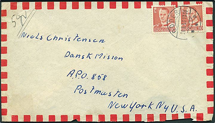 30 øre Fr. IX (2) på luftpostbrev påskreveg 5 gr. fra Odder d. 28.5.1953 til Dansk Mission, APO 858 (= Narssarssuaq Air Base, Grønland), Postmaster New York, USA.