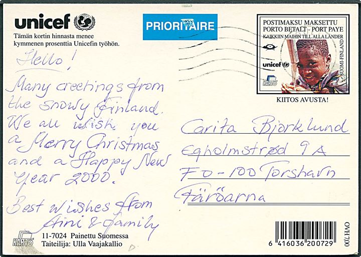 Porto Betalt Jule-helsagsbrevkort fra Oulu d. 17.12.1999 til Tórshavn, Færøerne.