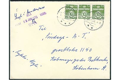 10 øre Bølgelinie (3) på brev fra Jels d. 16.4.1963 til København. Påskrevet Lagt i [???]brevkasse med trodat stempel Jels Post Eksp 0144 d. 23.6.1963.